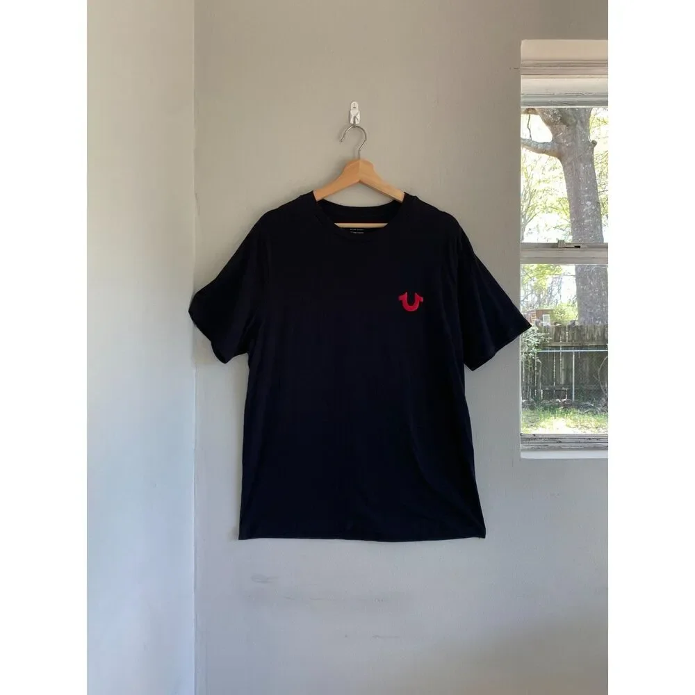 Large Classic True Religion Black Tee Graphic logo Buddha Guitar